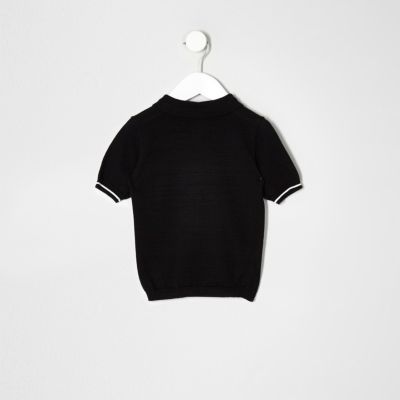 Mini boys black stripe print polo shirt